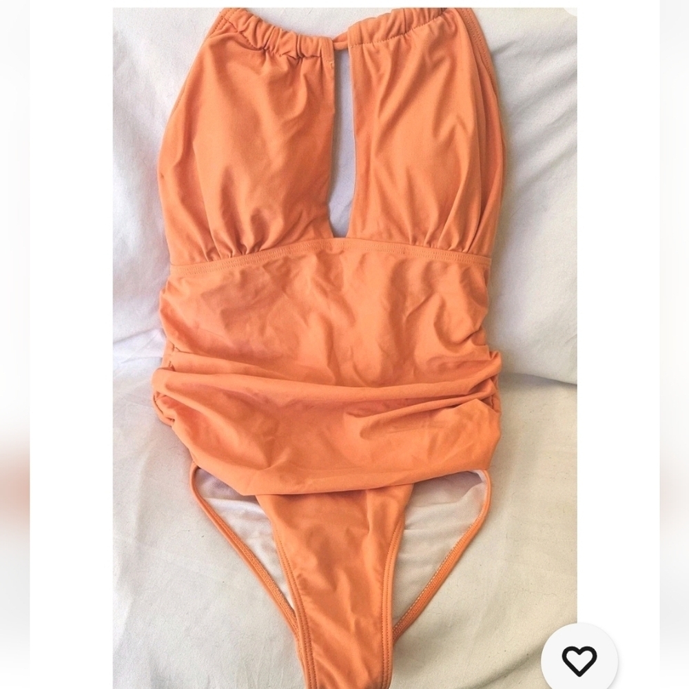 Swim Wear Orange One Piece Swimsuit Flattering Fit Halter Top Padded Wmn's Sz M
